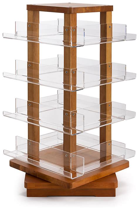 acrylic and wood rotating display countertop placement 16 shelves oak wood display stand