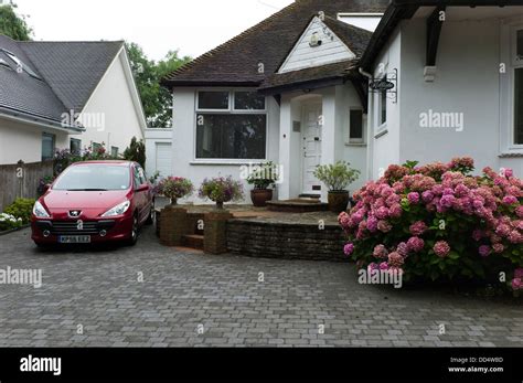 Neat Suburban House Driveway Car Hydrangea Stock Photo Alamy