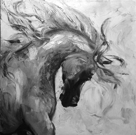 Horse Painting Original Black And White Oil Art White Horse Running