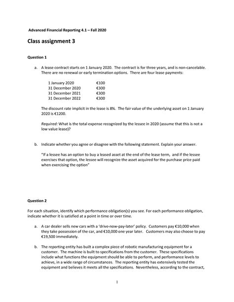 Afr 2020 Class Assignment 3 1 Advanced Financial Reporting 4 Fall