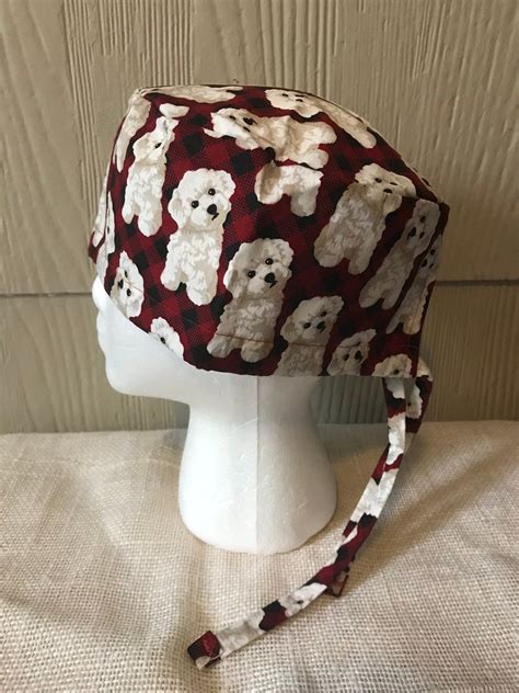 White Maltese Dogs On Red Plaid Scrub Cap Or Surgical Surgery Hat