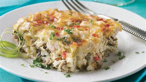 It's a good choice for a potluck as tetrazzini is often associated with turkey, but other proteins may be used. Wild Rice and Turkey Casserole recipe from Pillsbury.com
