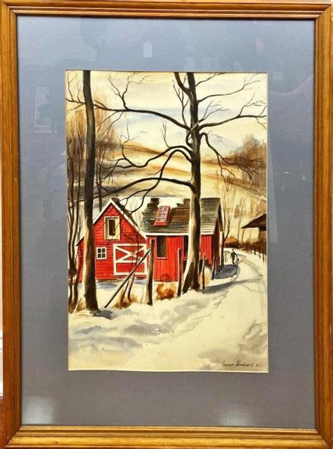 Lot Watercolor Of Red Barn In Winter Signed L Woodward Lower
