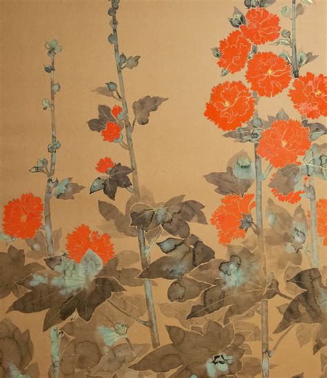 Japanese Two Panel Screen: Rimpa Style Painting of Hollyhocks - Naga ...