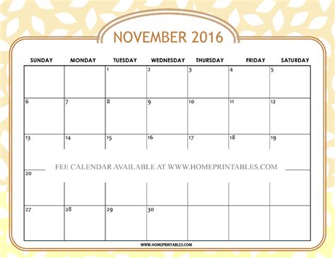 Free Printable November 2016 Calendar 8 Designs Home Printables