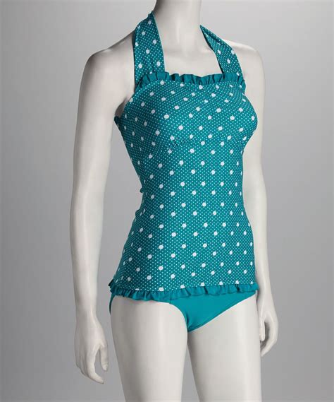 Turquoise Polka Dot Ruffle Halter Tankini Top Cute Swimwear On Zulily