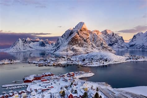 Picture Lofoten Norway Village Winter Mountains Bay Houses Cities