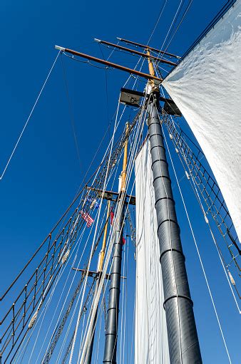 Skyward View Of Tall Ship Masts And Sails Under A Clear Blue Sky Stock