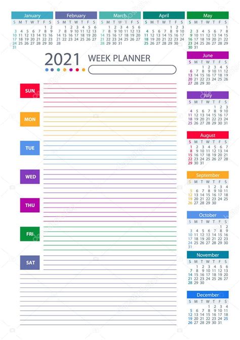Calendario 2021 Semana Planificador Diseño Colorido La Semana Comienza El Domingo Plantilla