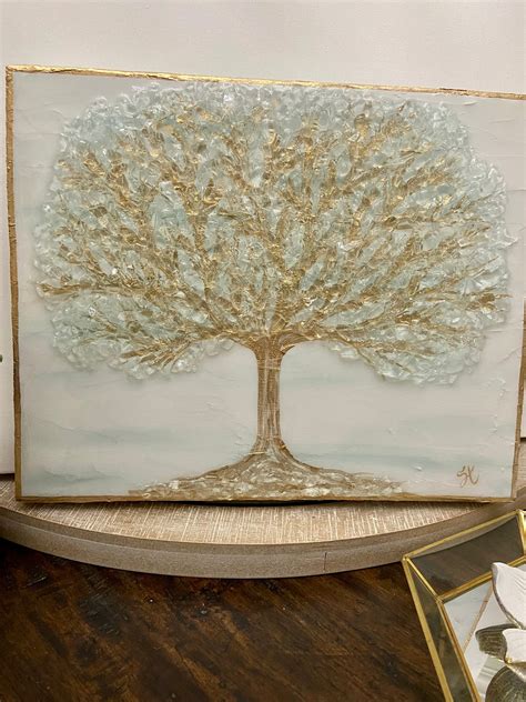 Tree Of Life Glass Art Block Art Crushed Glass Tree Gold Etsy