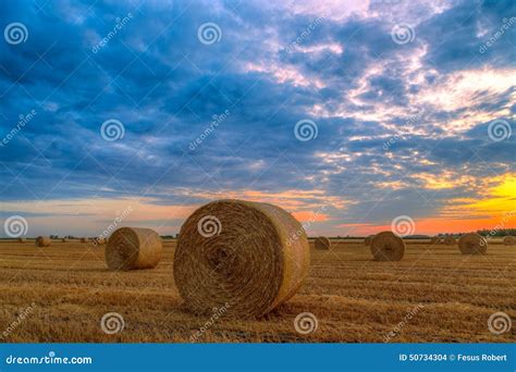 Sunset Over Farm Field With Hay Bales Stock Photo Image Of Land