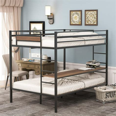 Metal Full Over Full Bunk Bed Frame With Guardrails And 2 Ladders Bunk
