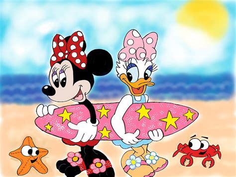 Minnie Mouse And Daisy Duck Surfing At The Beach Drawing By Jacqueline