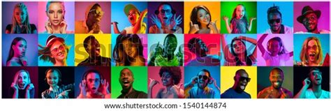 Close Up Portrait Of Young People In Neon Light Human Emotions Facial