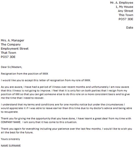 Due To Illness Resignation Letter Example Uk