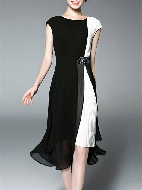 Black White Midi Dress A Line Daily Short Sleeve Paneled Dress Midi