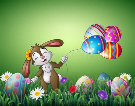 Cartoon Easter Bunny Carrying A Basket Full Of Eggs Stock Vector