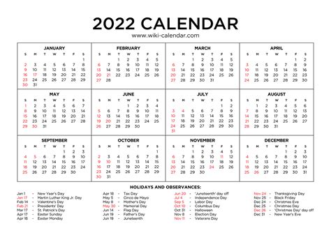 2022 Monthly Calendar Printable With Holidays