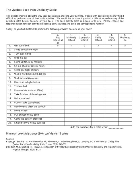 The Quebec Back Pain Disability Scale Questionnaire Sheet Fill Out