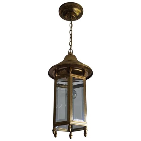 Antique Arts And Crafts Brass And Beveled Glass Entry Hall Pendant