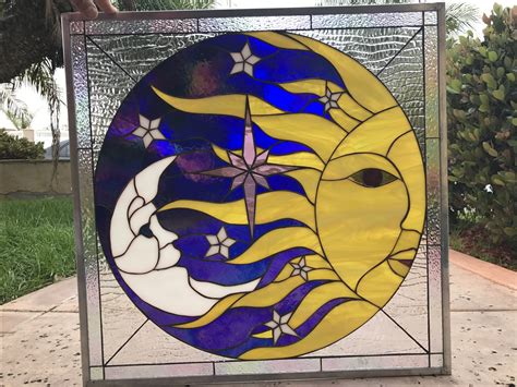 So Pretty Crescent Moon Sun And Stars Leaded Stained Glass Window