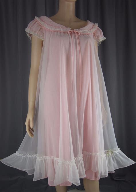 Vintage Pink Sheer Chiffon Overlay Nightgown Babydoll Nightie Ruffles Xl Xxl Night Gown