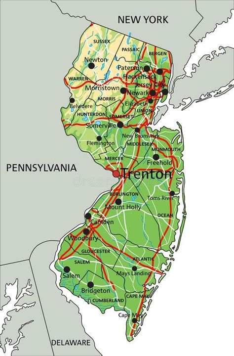 Detailed New Jersey Physical Map With Labeling Stock Illustration
