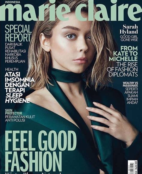 The Cover Of Marie Claire Magazine Featuring A Woman In A Green Dress With Her Hands On Her Chest