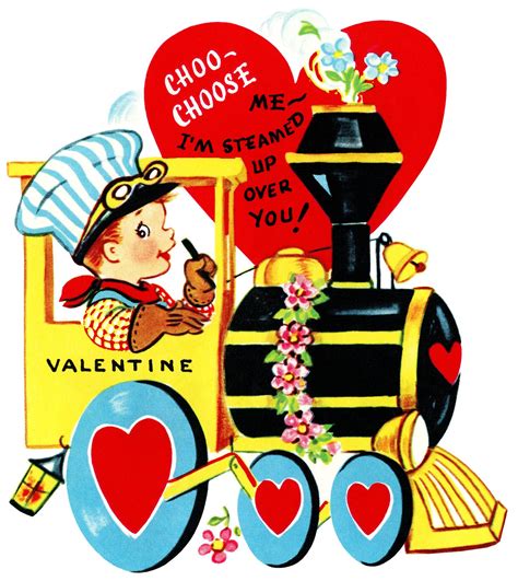 train valentine, vintage valentine clip art, boy engineer driving train, retro valentine card ...