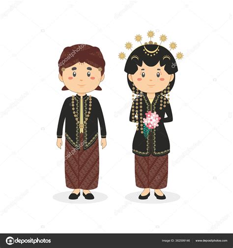 Couple Character Wearing Central Java Traditional Wedding Dress Stock