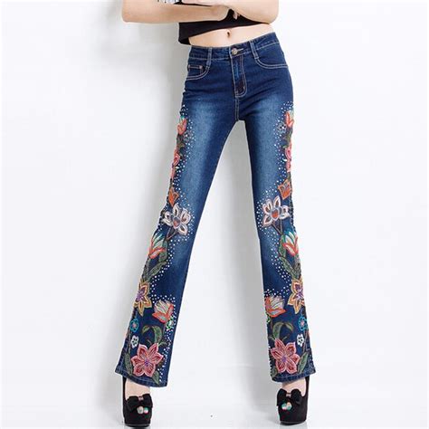 Women Embroidered Beaded Jeans Rhinestone Bell Bottom Flared Pants Elasticity Luxury Sexy Ladies