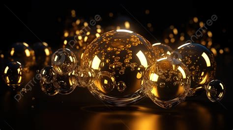 D Transparent Gold Bubbles On Black Background D Glowing Golden