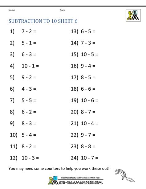 Here is a graphic preview for all of the algebra worksheet sections. Subtraction to 10 Worksheets