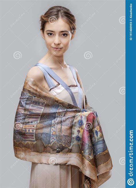 Beautiful Fashion Model Posing With Colorful Silk Scarf Stock Image