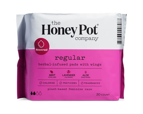 The Honey Pot Company Regular Absorbency Pads With Wings Organic Cotton Herbal Infused 20 Ct