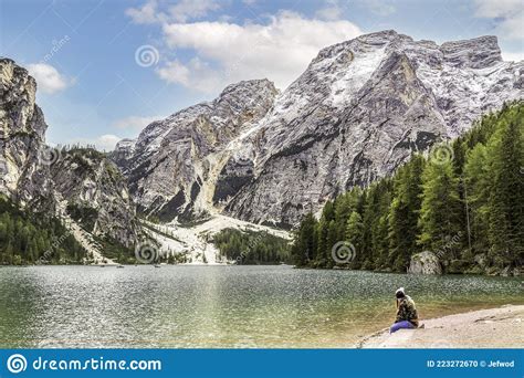 Landscape At Lake Braies Lago Di Braies In Italian Dolomiti Alps