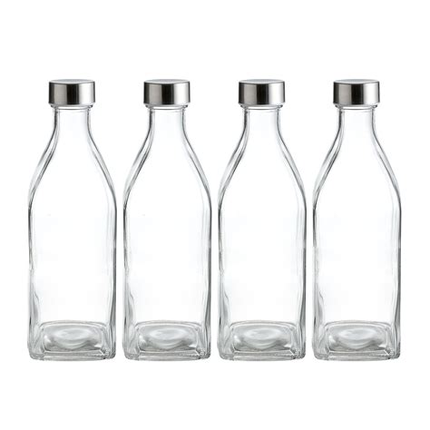Whole Housewares 34 Oz Square Glass Water Bottles 4 Pack Of Reusable Drinking Bottles Clear
