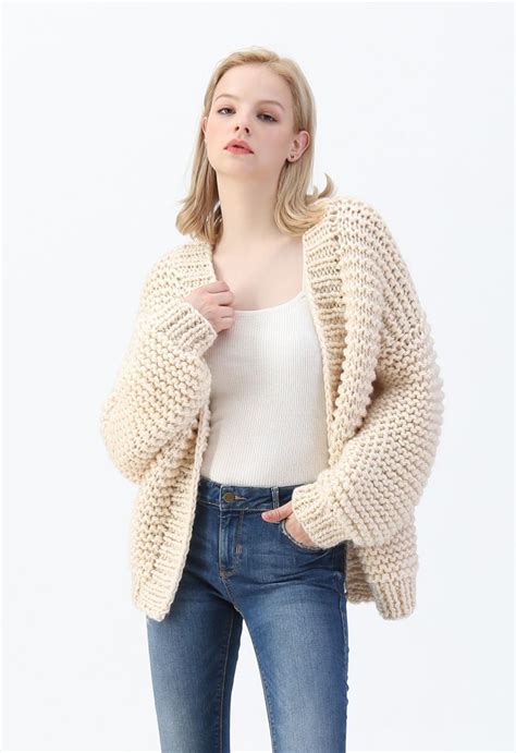 Hand Knit Cable Chunky Cardigan In Cream Retro Indie And Unique