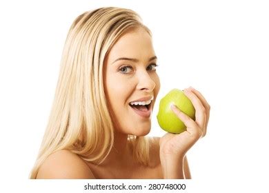 Smiling Nude Woman Eating Green Apple Stock Photo 237428467 Shutterstock