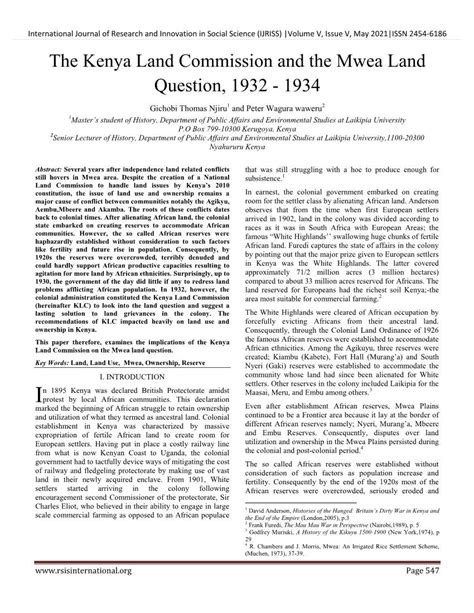 The Kenya Land Commission And The Mwea Land Question 1932 1934 Docslib