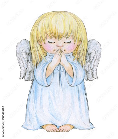 Little Praying Angel Cartoon Isolated Hand Drawing Stock Illustration