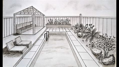 How To Draw In One Point Perspective Backyard Garden Pool Youtube