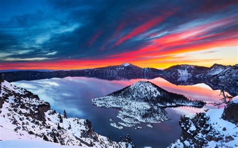 Wallpaper Crater Lake Beautiful Winter Snow Sunrise Mountains