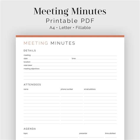 Meeting Minutes Fillable Business Planner Meeting | Etsy | Meeting notes printable, Meeting 
