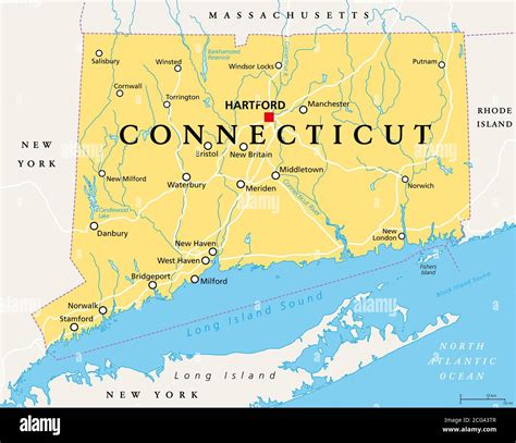 Connecticut Mapa Político Con La Capital Hartford Estado De