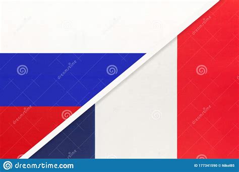 Russia Vs France National Flag From Textile Relationship And Partnership Between Two Countries