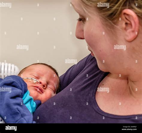 Premature Newborn Baby Boy In Hospital With A Feeding Tube
