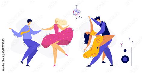 Young Couple Dancing Swing Tango Pop Night Club Disco Party With