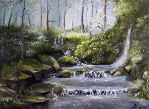 Painting Of A Waterfall In A Forest This Piece Captures A Moment In A