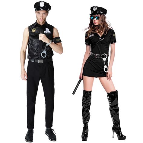 Sexy Couples Black Cop Costumes Halloween For Women Men Game Stage Bar